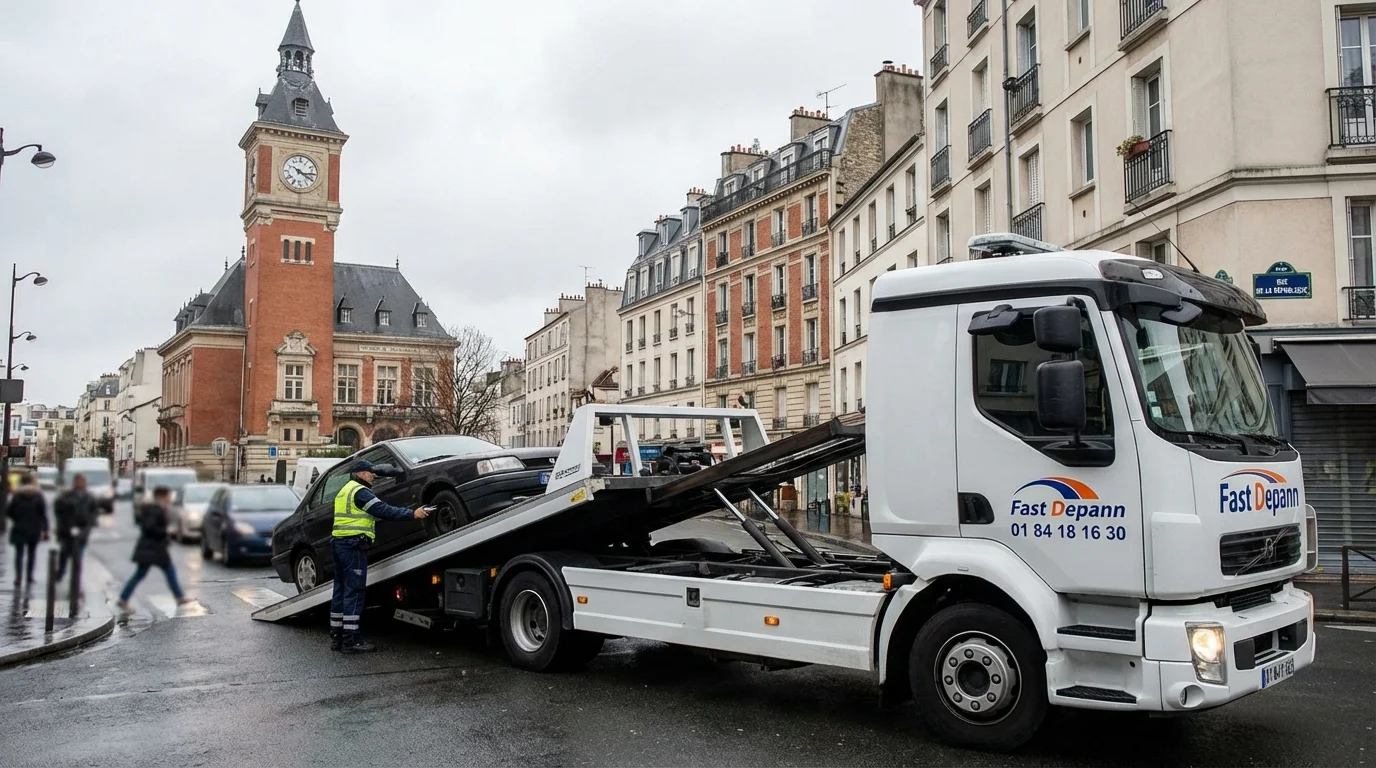 Camion de dépannage Fast Depann en intervention dans une rue de Montrouge (92120) chargeant un véhicule en panne.