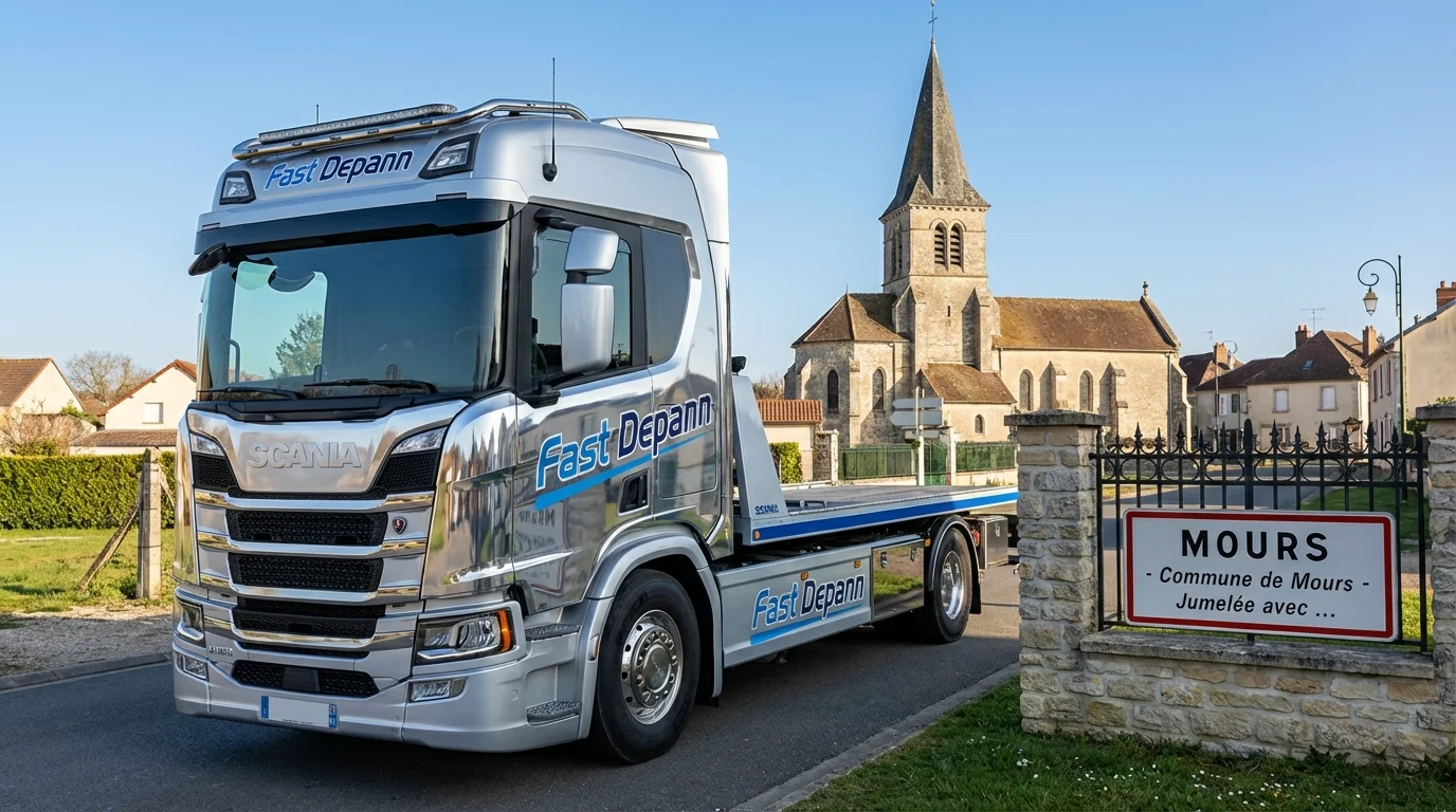 Dépanneuse Fast Depann en intervention à l'entrée du village de Mours (95260) dans le Val-d'Oise.