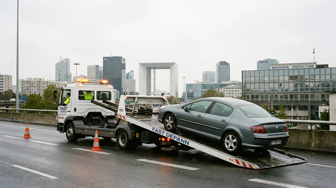 Dépanneuse Fast Depann en intervention de remorquage sur une bretelle d'autoroute à Nanterre, avec le quartier de La Défense en arrière-plan.
