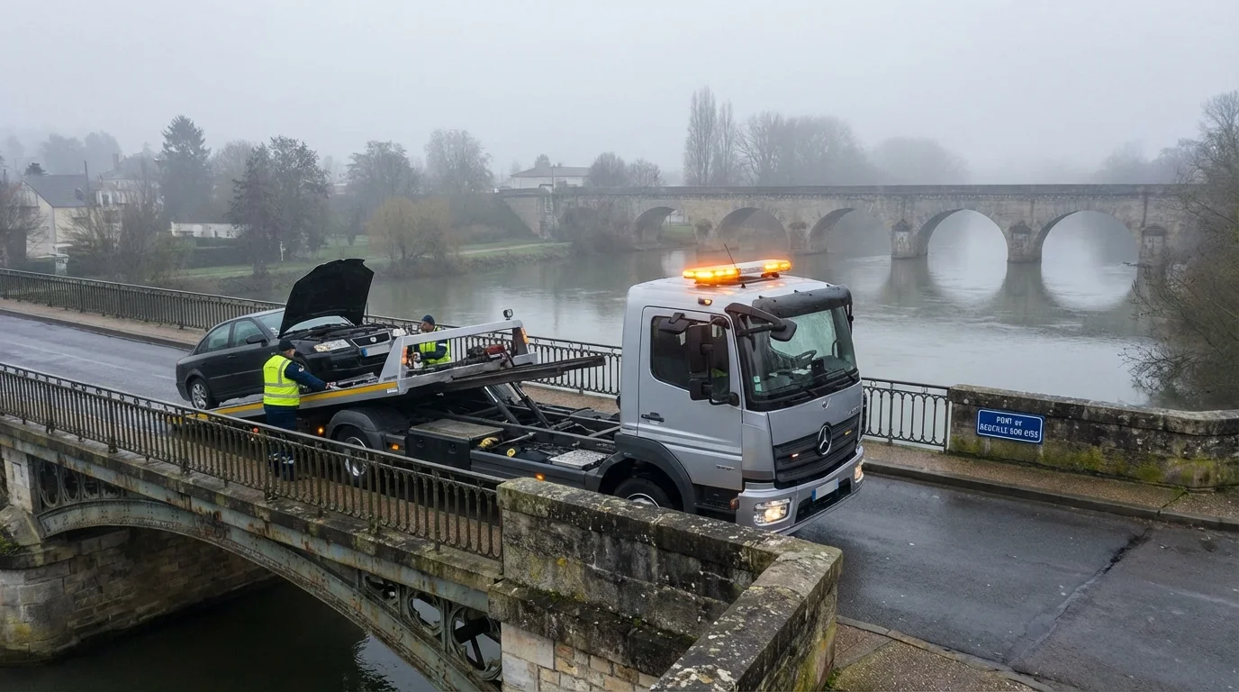 Dépanneuse Fast Depann en intervention sur le pont de Neuville-sur-Oise (95000) au petit matin.