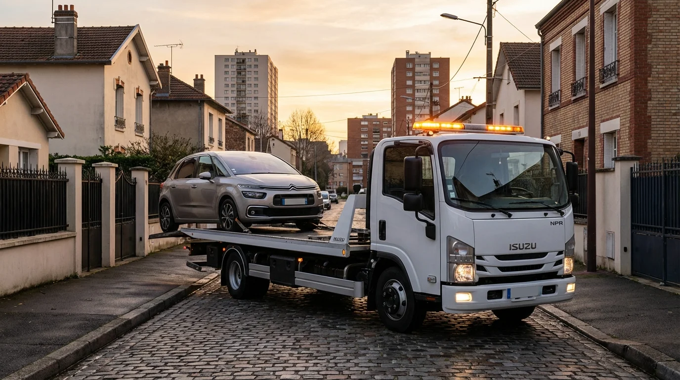 Dépanneuse Fast Depann intervenant pour un remorquage auto dans une rue de Noisy-le-Sec 93130