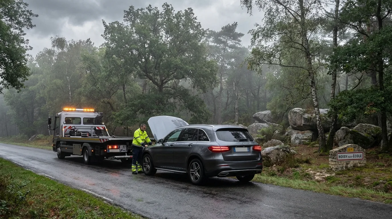 Dépanneuse Fast Depann en intervention sur une route forestière à Noisy-sur-Ecole 77123
