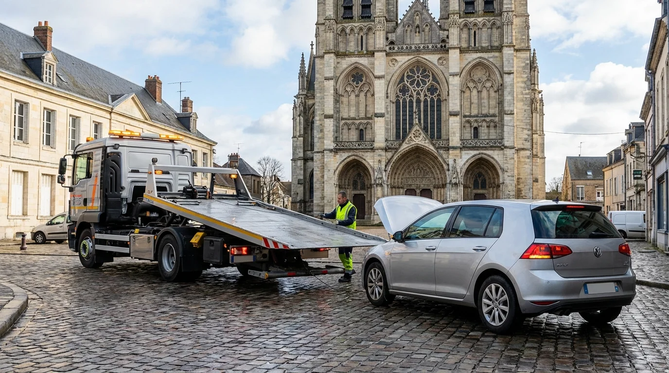 Dépanneuse Fast Depann intervenant près de la Cathédrale de Noyon pour un remorquage voiture.