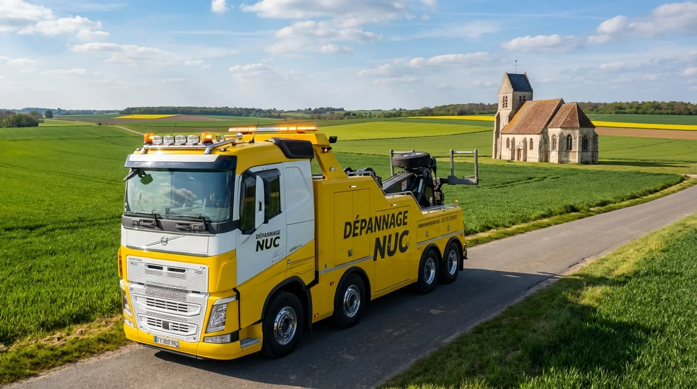 Dépanneuse Fast Depann intervenant sur une route de campagne à Nucourt (95420) près de l'église Saint-Quentin
