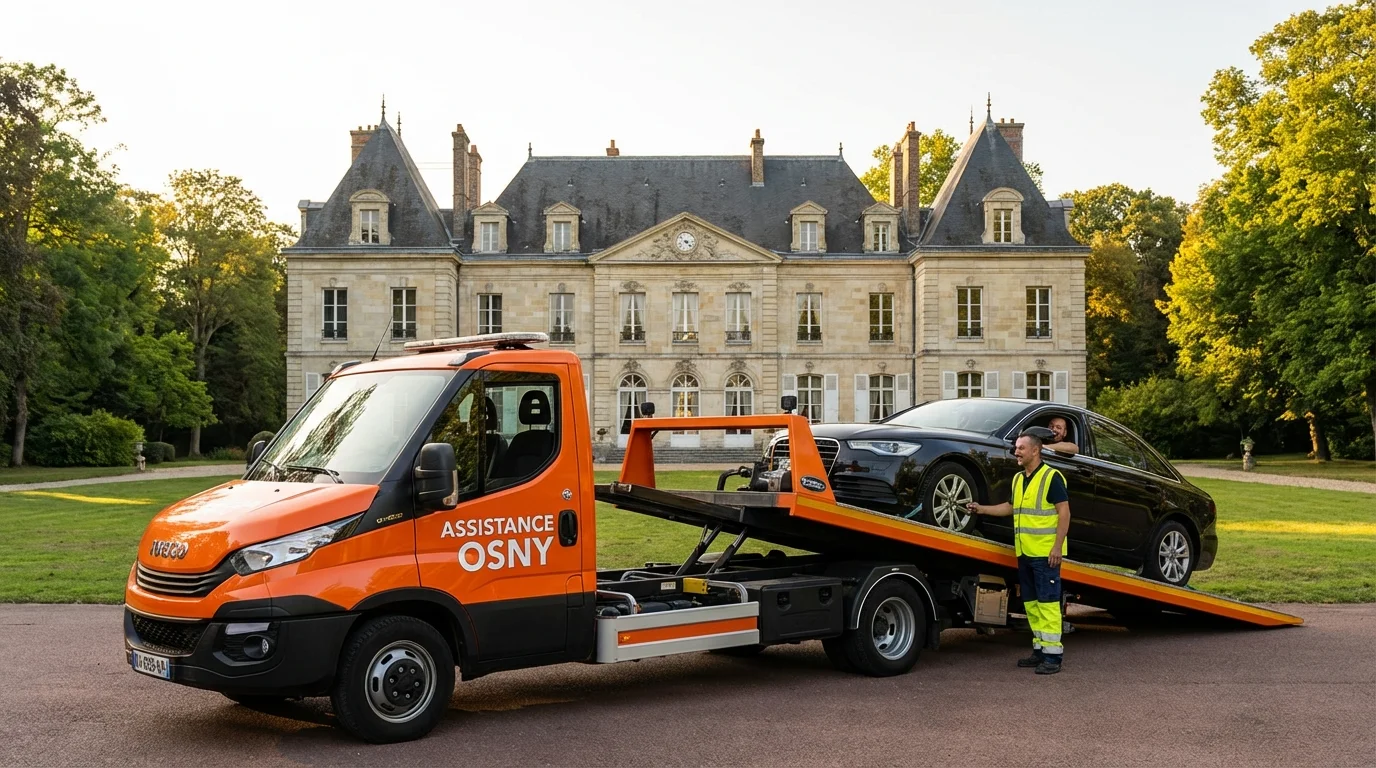 Dépanneuse Fast Depann intervenant devant le Château de Grouchy à Osny pour une assistance automobile