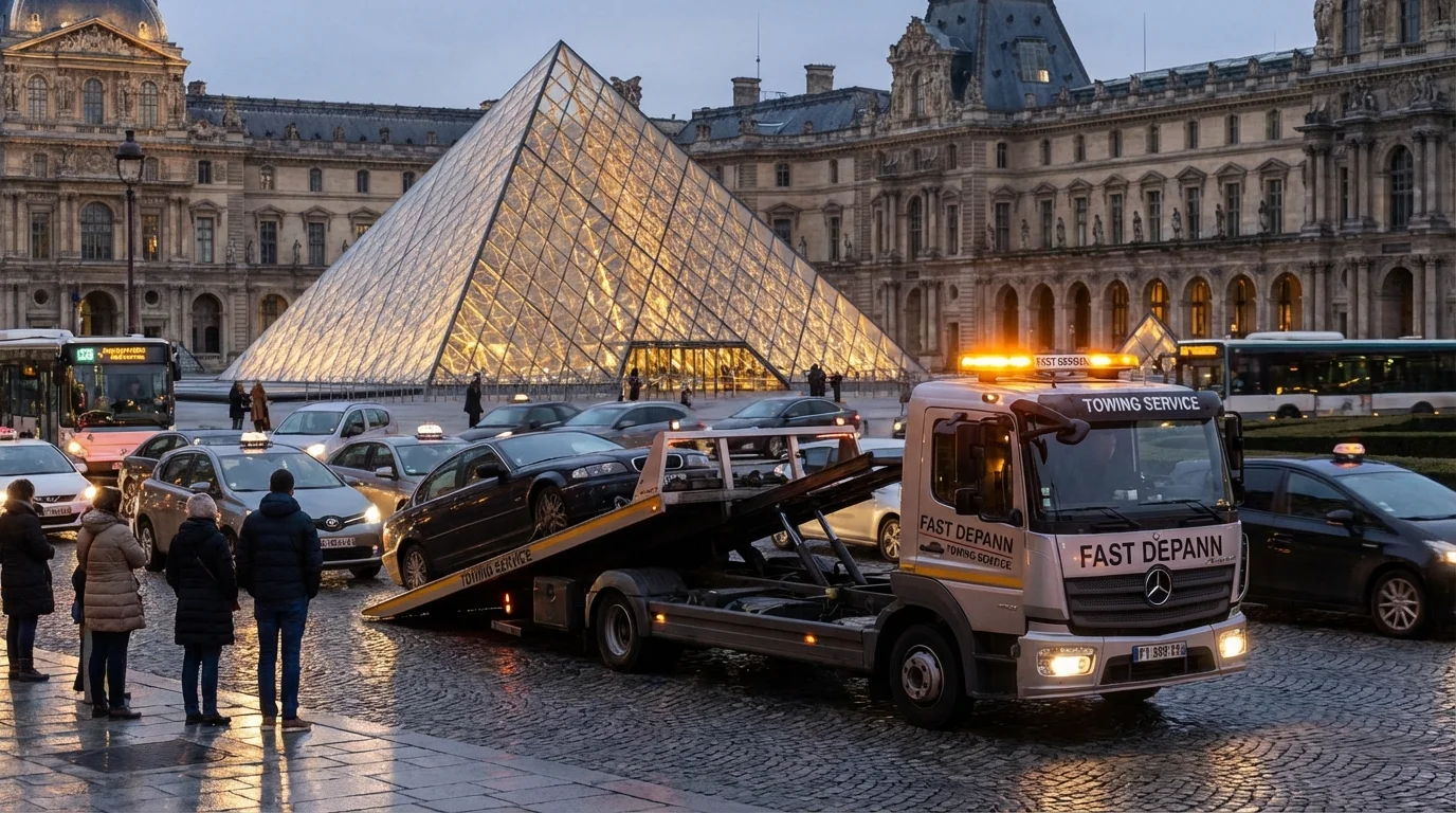 Camion de dépannage Fast Depann en intervention de remorquage devant la Pyramide du Louvre à Paris 1er au crépuscule.