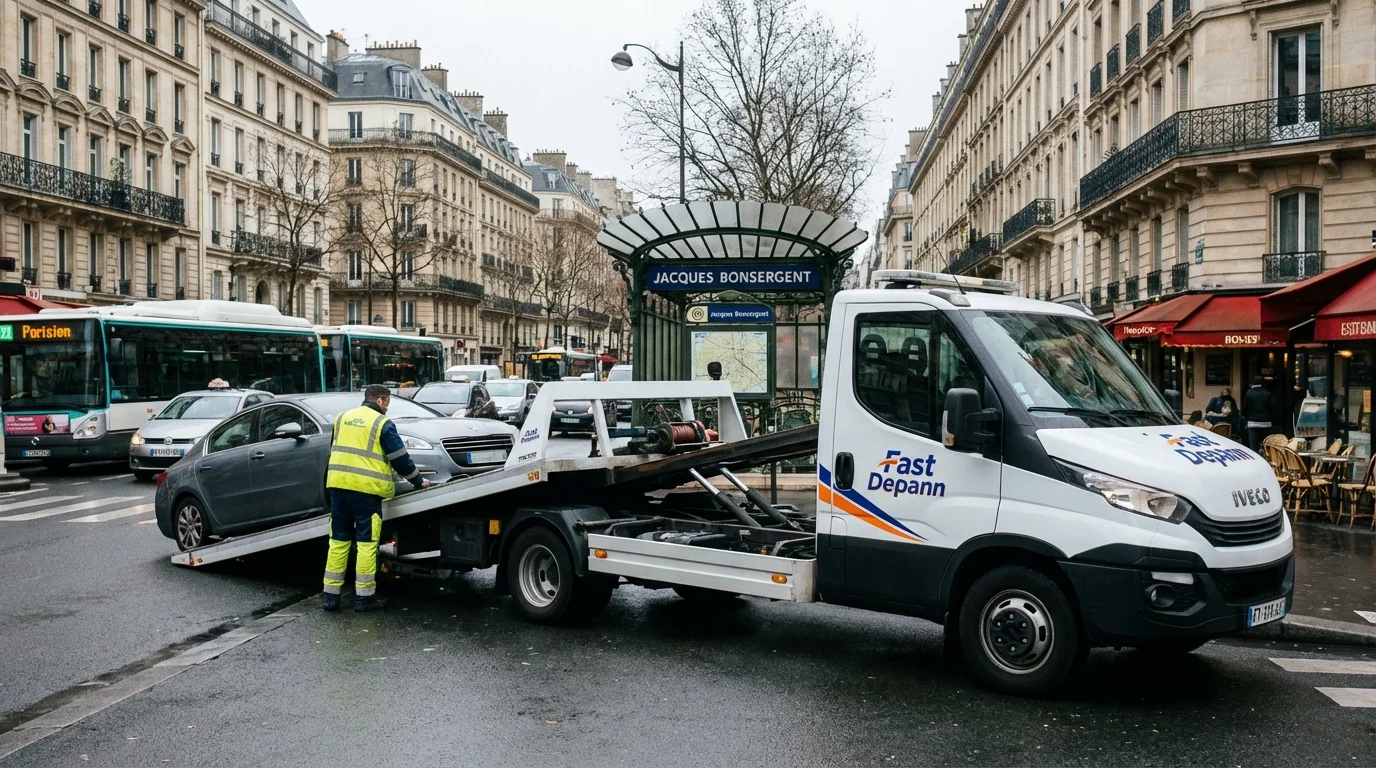 Dépanneuse Fast Depann intervenant pour un remorquage auto sur le Boulevard de Magenta à Paris 10 (75010).