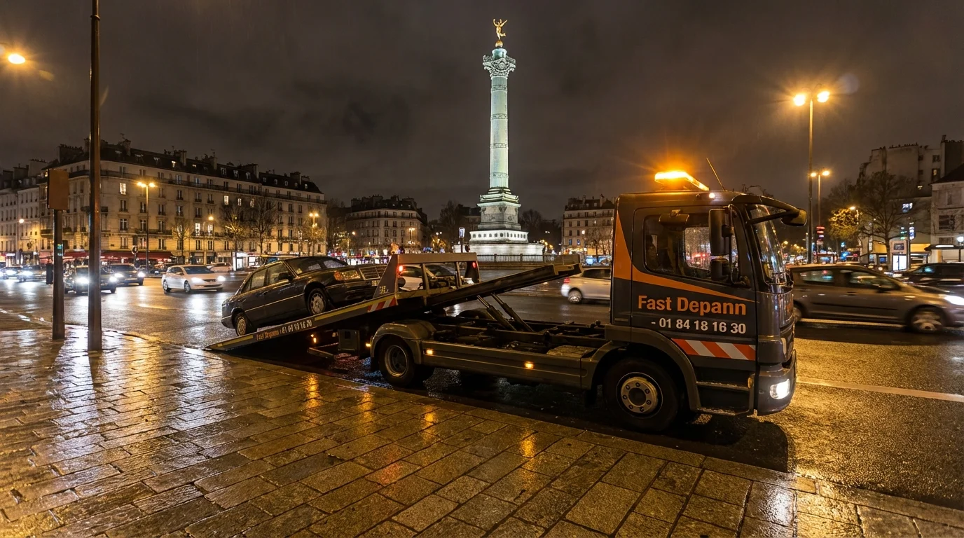Dépanneuse Fast Depann en intervention de nuit chargeant une voiture en panne sur la Place de la Bastille, Paris 11 (75011).
