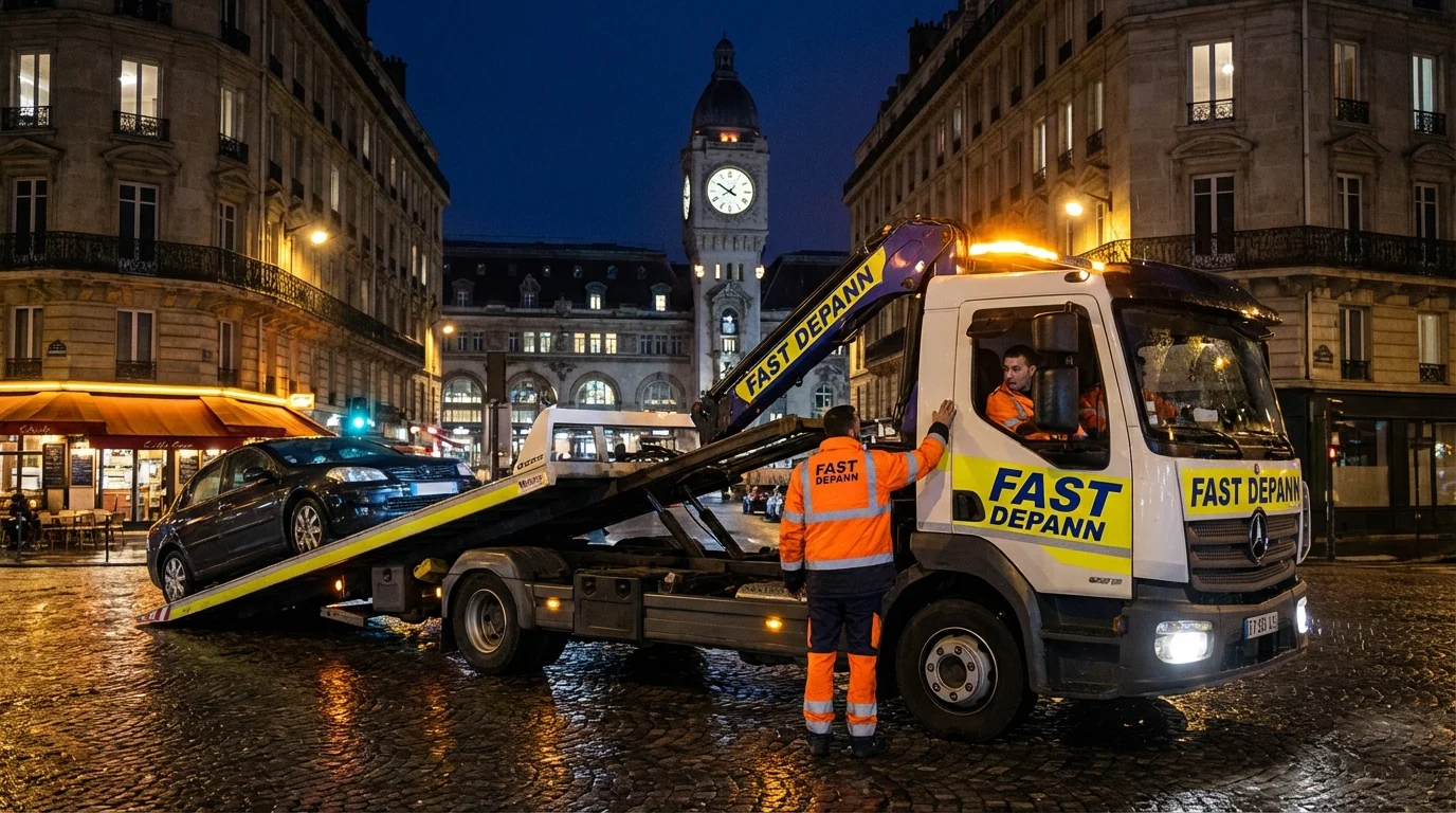 Dépanneuse Fast Depann en intervention de nuit devant la Gare de Lyon à Paris 12.