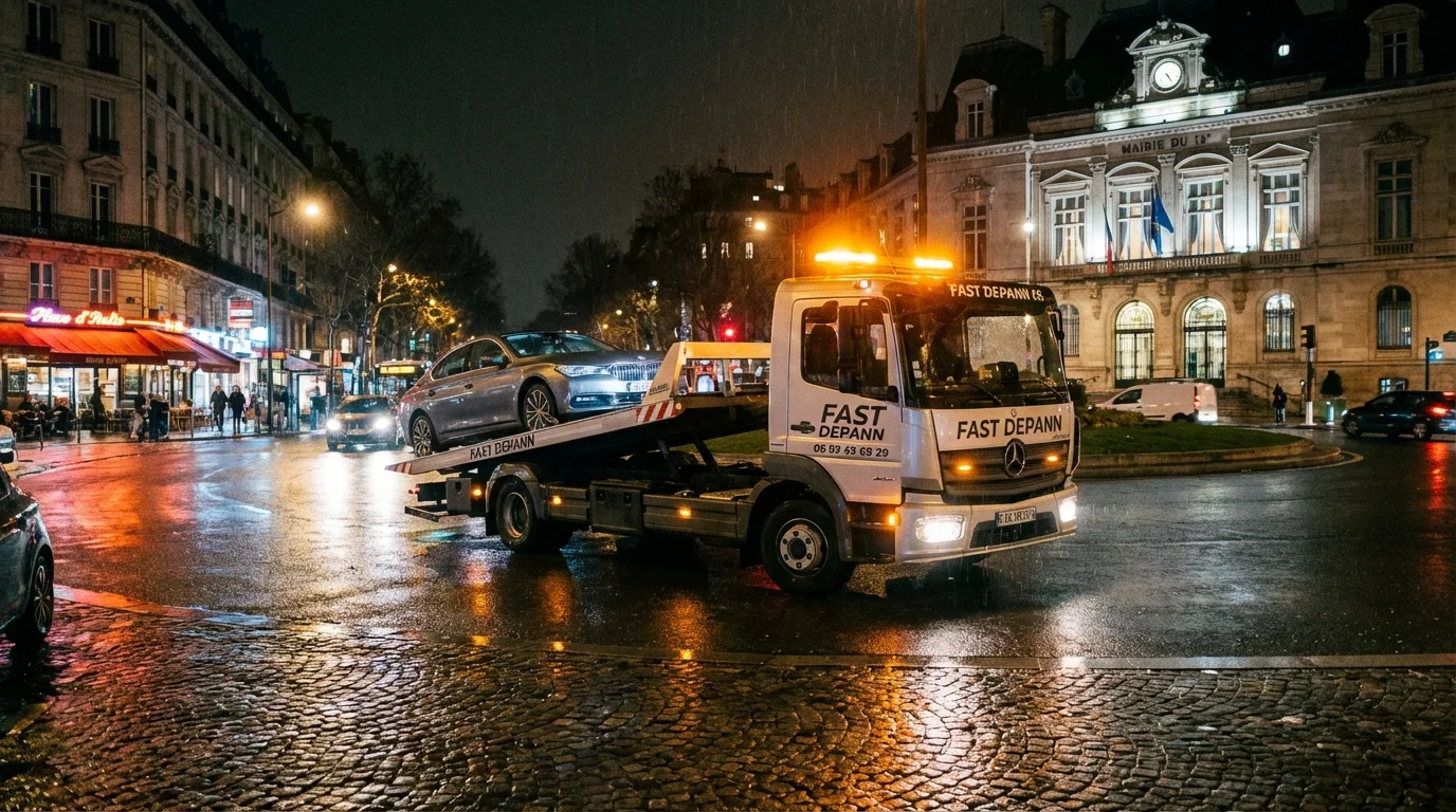 Dépanneuse Fast Depann en intervention nocturne sur la Place d'Italie à Paris 13 (75013), chargeant un véhicule en panne.