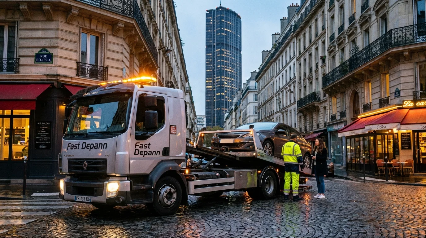 Intervention d'une dépanneuse Fast Depann pour un véhicule en panne rue d'Alésia à Paris 14, avec la Tour Montparnasse en arrière-plan.