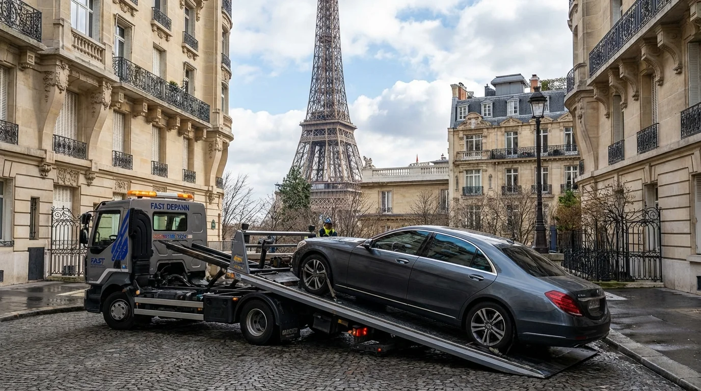 Dépanneuse Fast Depann en intervention de remorquage d'une berline de luxe dans le 16ème arrondissement de Paris avec la Tour Eiffel en arrière-plan.