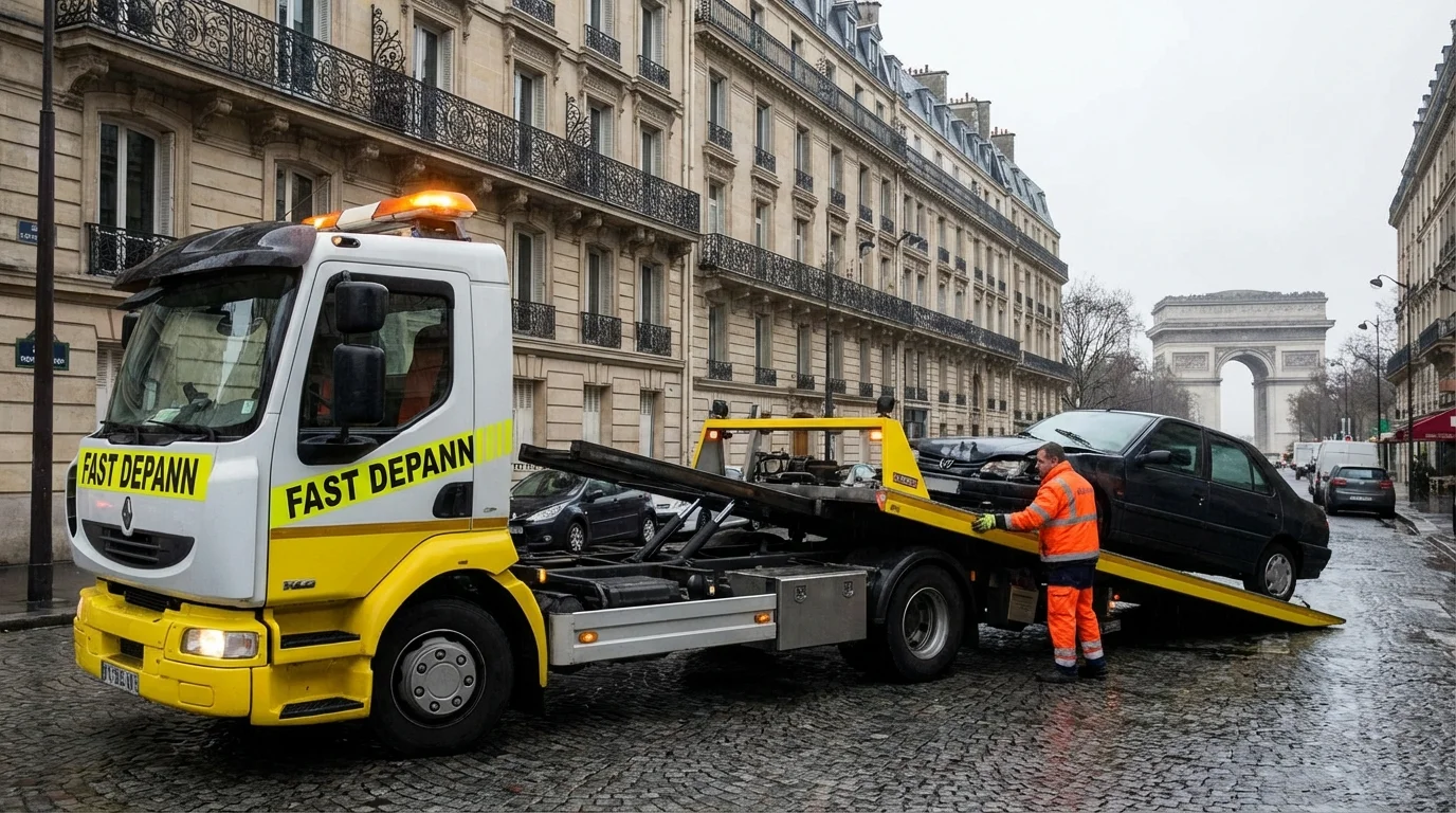 Dépannage auto d'une voiture en panne par une dépanneuse Fast Depann dans une rue du 17ème arrondissement de Paris près de l'Arc de Triomphe.