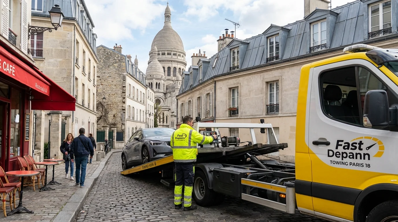 Dépanneuse Fast Depann en cours d'intervention pour remorquer une voiture en panne dans une rue pavée de Montmartre, Paris 18, avec la basilique du Sacré-Cœur en arrière-plan.