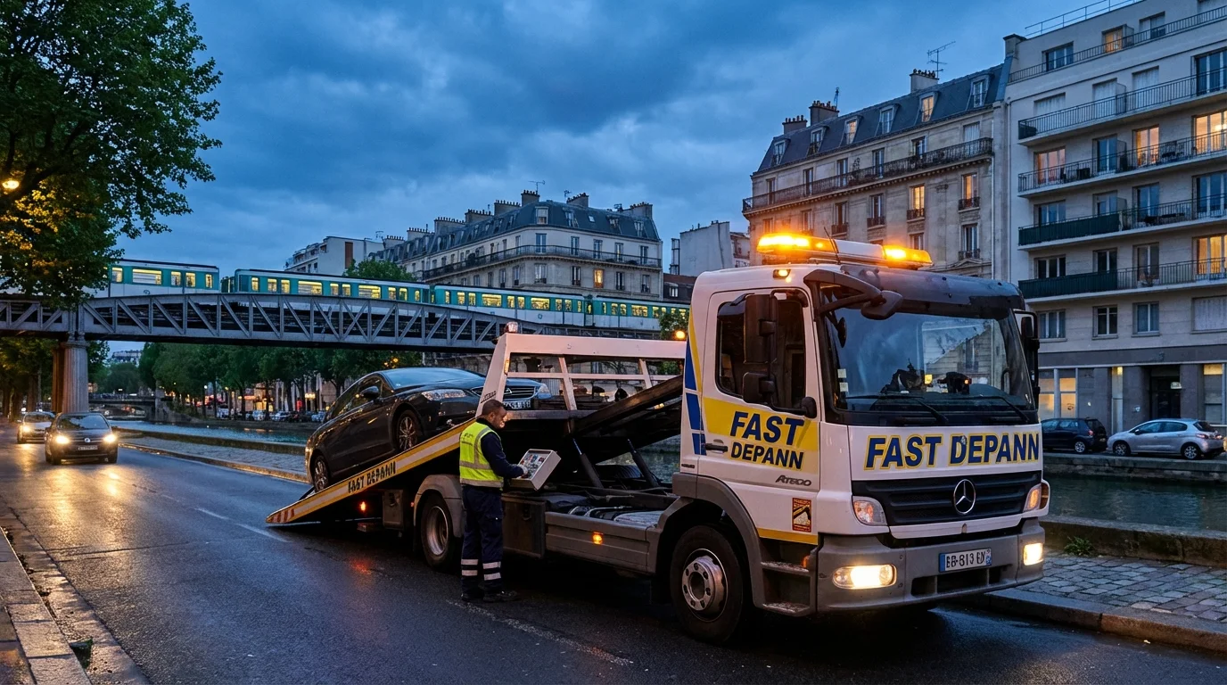 Dépanneuse Fast Depann en intervention pour remorquer une voiture en panne près du Canal de l'Ourcq et du métro aérien à Paris 19ème.