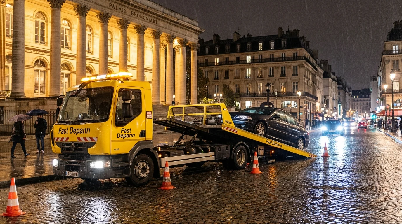 Dépanneuse Fast Depann en intervention de remorquage d'une voiture en panne devant le Palais Brongniart à Paris 2 (75002) en soirée.