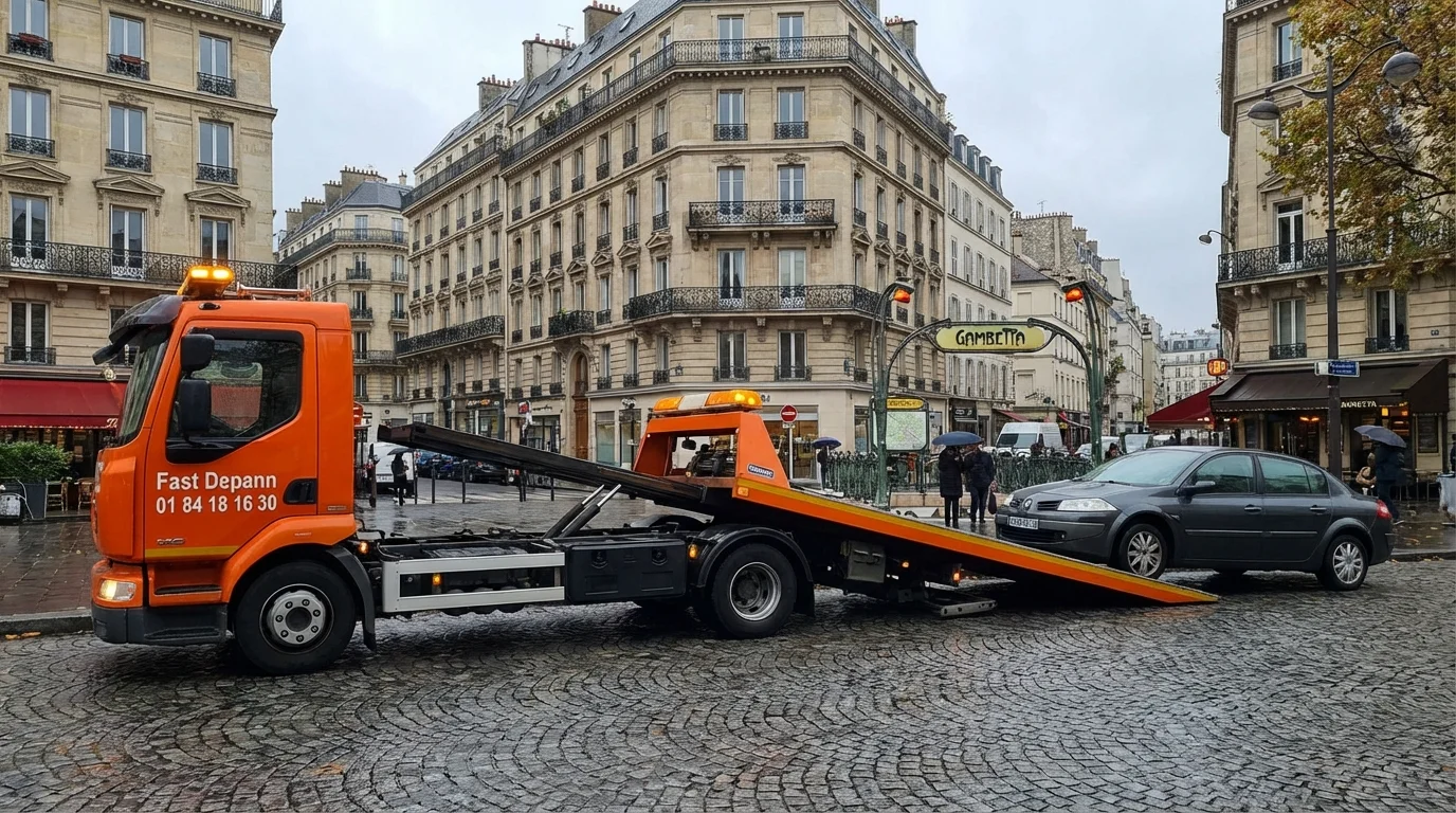 Camion de dépannage Fast Depann en intervention pour remorquer une voiture en panne près de la Place Gambetta à Paris 20ème.