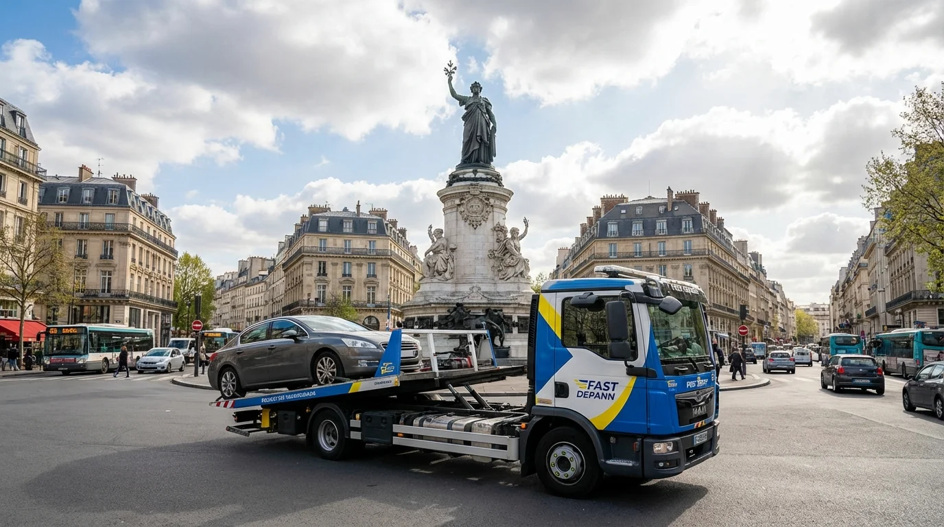 Dépanneuse Fast Depann intervenant sur la Place de la République à Paris 3ème pour remorquer un véhicule.