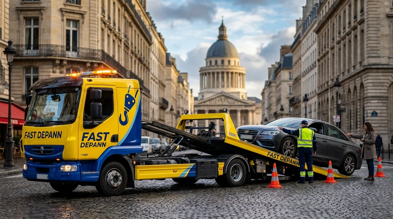 Dépanneuse Fast Depann en intervention devant le Panthéon dans le 5ème arrondissement de Paris.