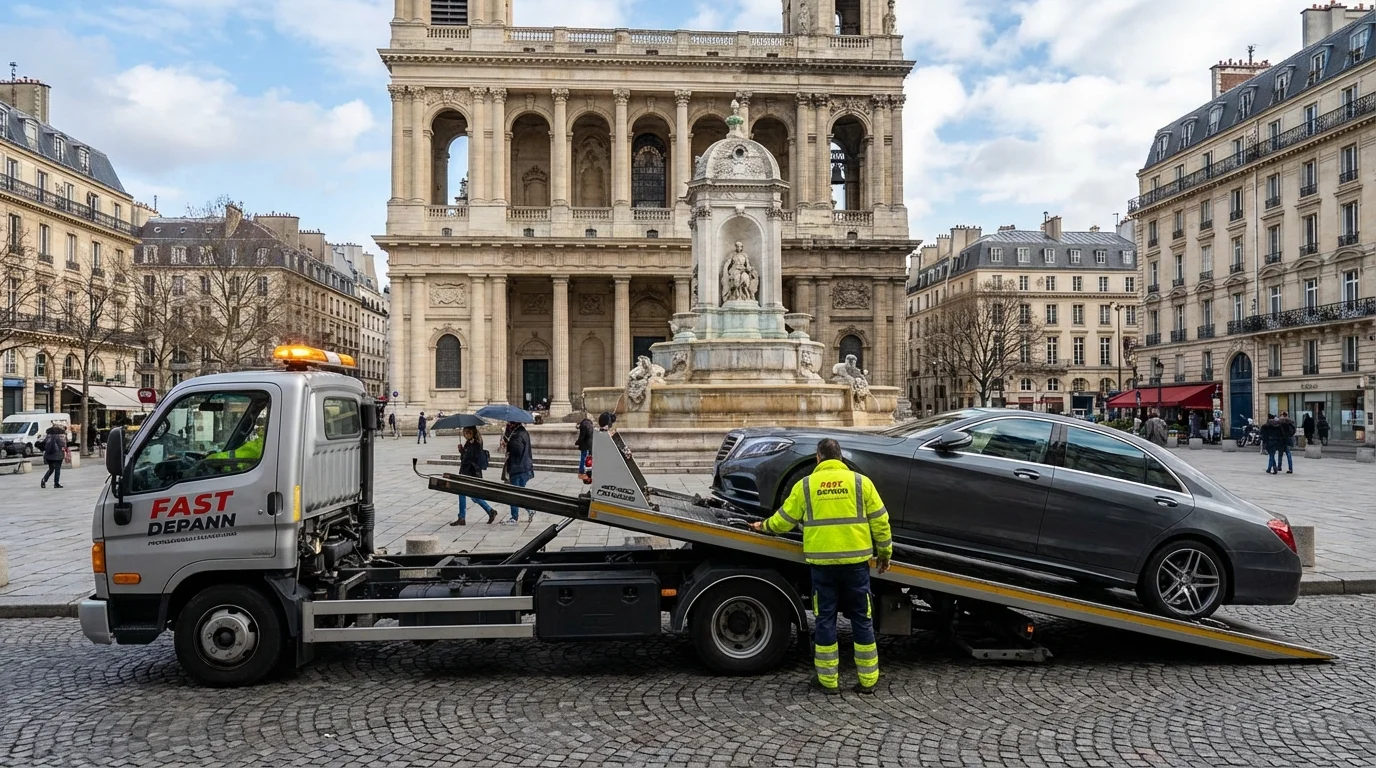 Camion de dépannage Fast Depann en intervention sur la Place Saint-Sulpice à Paris 6, chargeant une voiture en panne devant l'église.