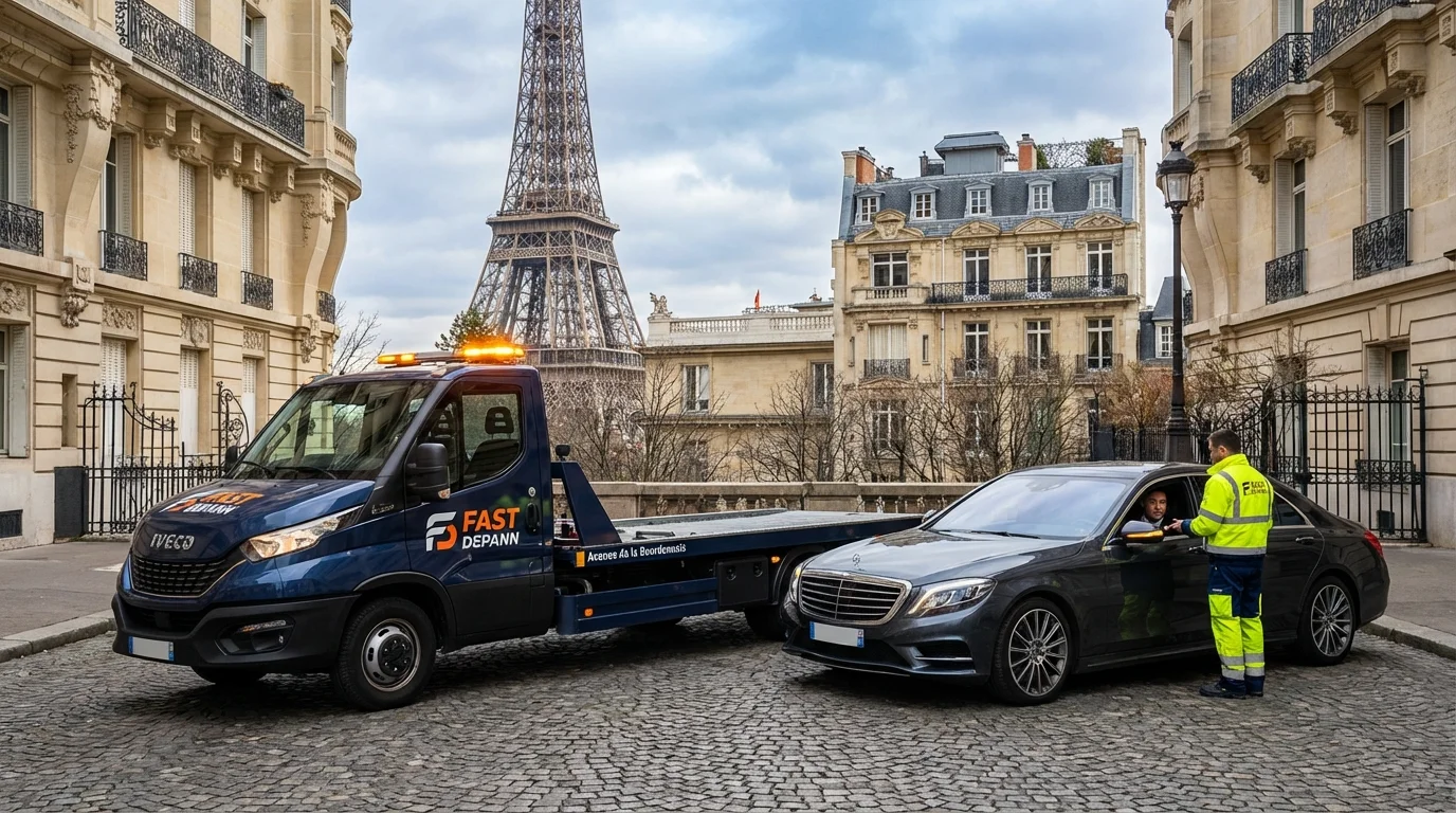 Dépanneuse Fast Depann en intervention sur une voiture en panne avenue de la Bourdonnais avec la Tour Eiffel en arrière-plan à Paris 7.
