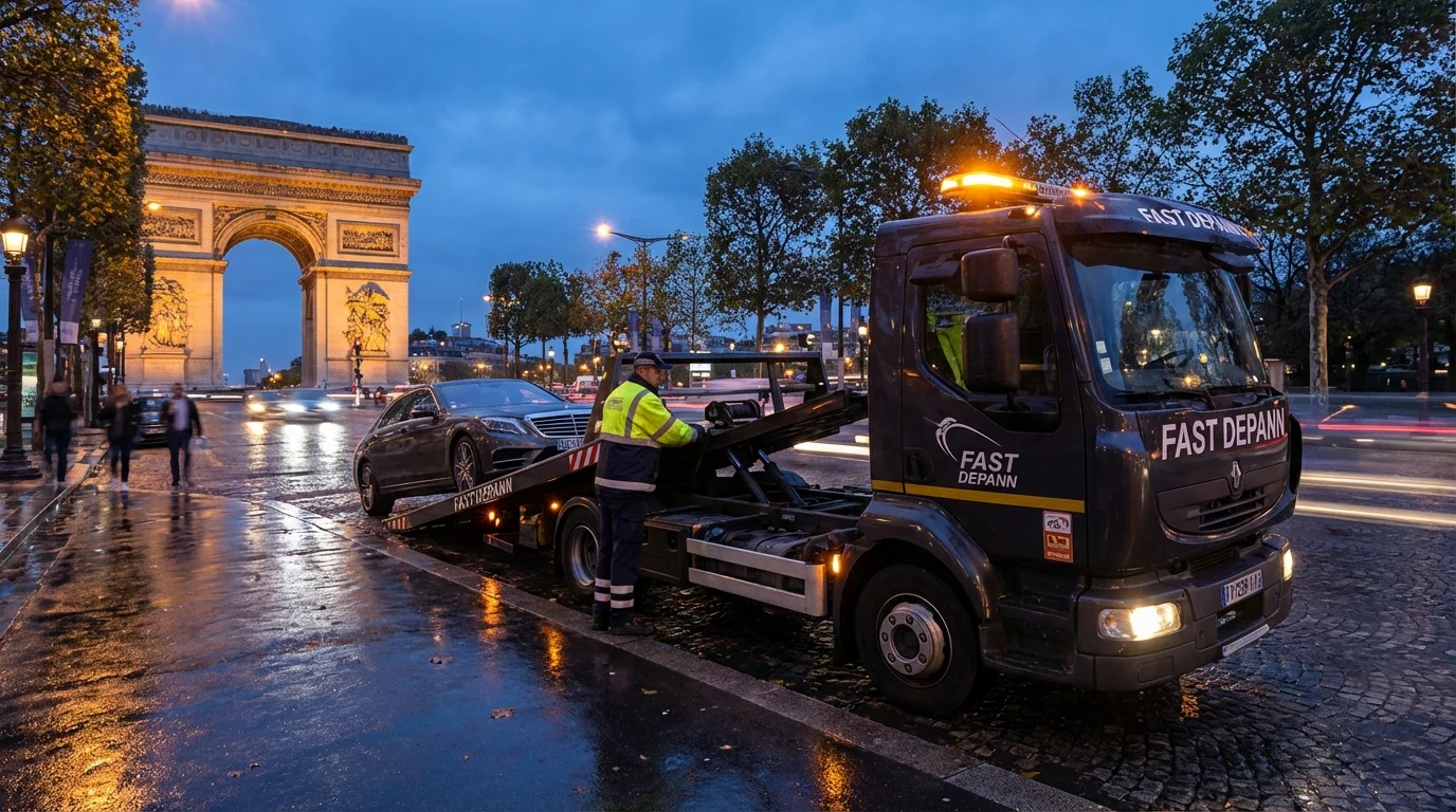 Intervention de dépannage Fast Depann sur l'Avenue des Champs-Élysées à Paris 8, chargeant une voiture de luxe en panne avec l'Arc de Triomphe en arrière-plan.