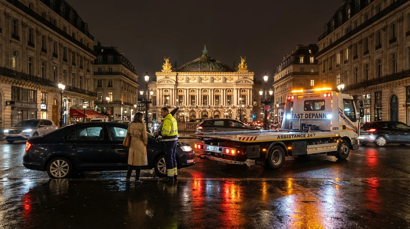 Dépanneuse Fast Depann en intervention de nuit devant l'Opéra Garnier à Paris 9ème, assistant un automobiliste en panne.