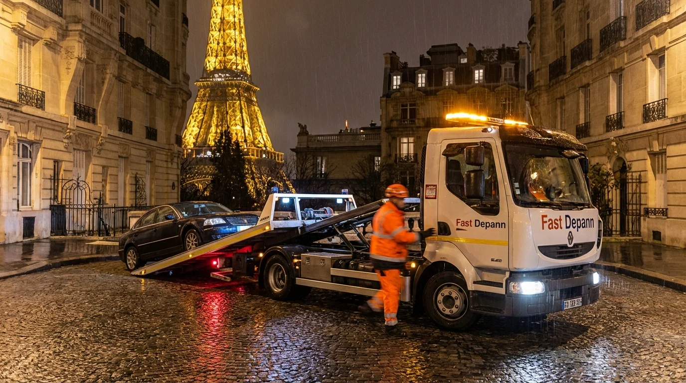 Dépanneuse Fast Depann en intervention de nuit à Paris près de la Tour Eiffel, chargeant un véhicule en panne.
