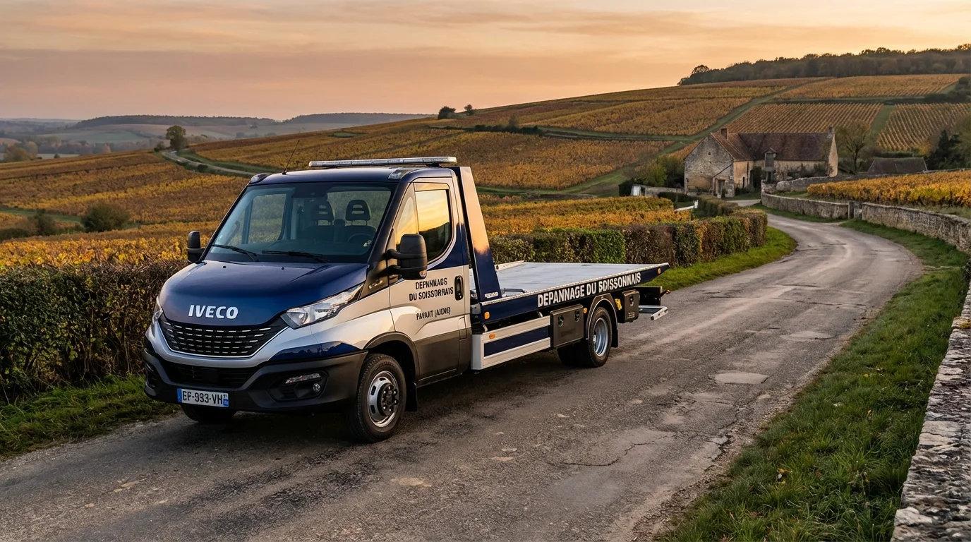 Dépanneuse Fast Depann en intervention sur une route de Pavant 02310