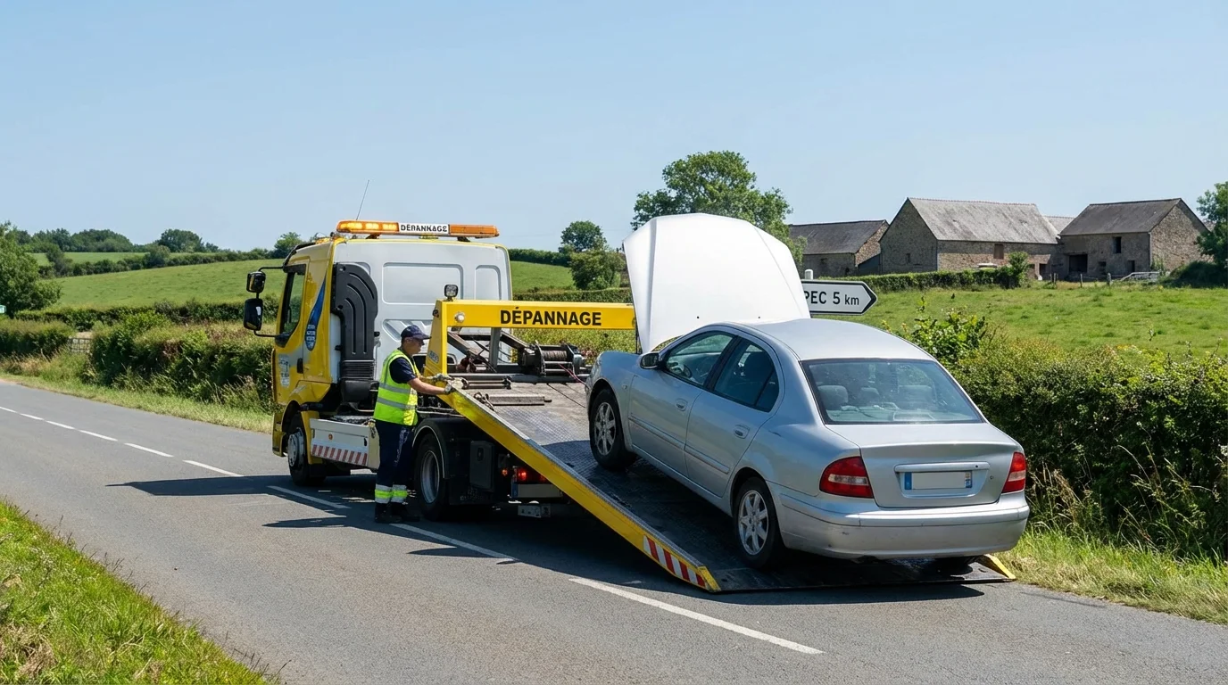 Dépanneuse Fast Depann en intervention sur une route de campagne à Pecy 77970