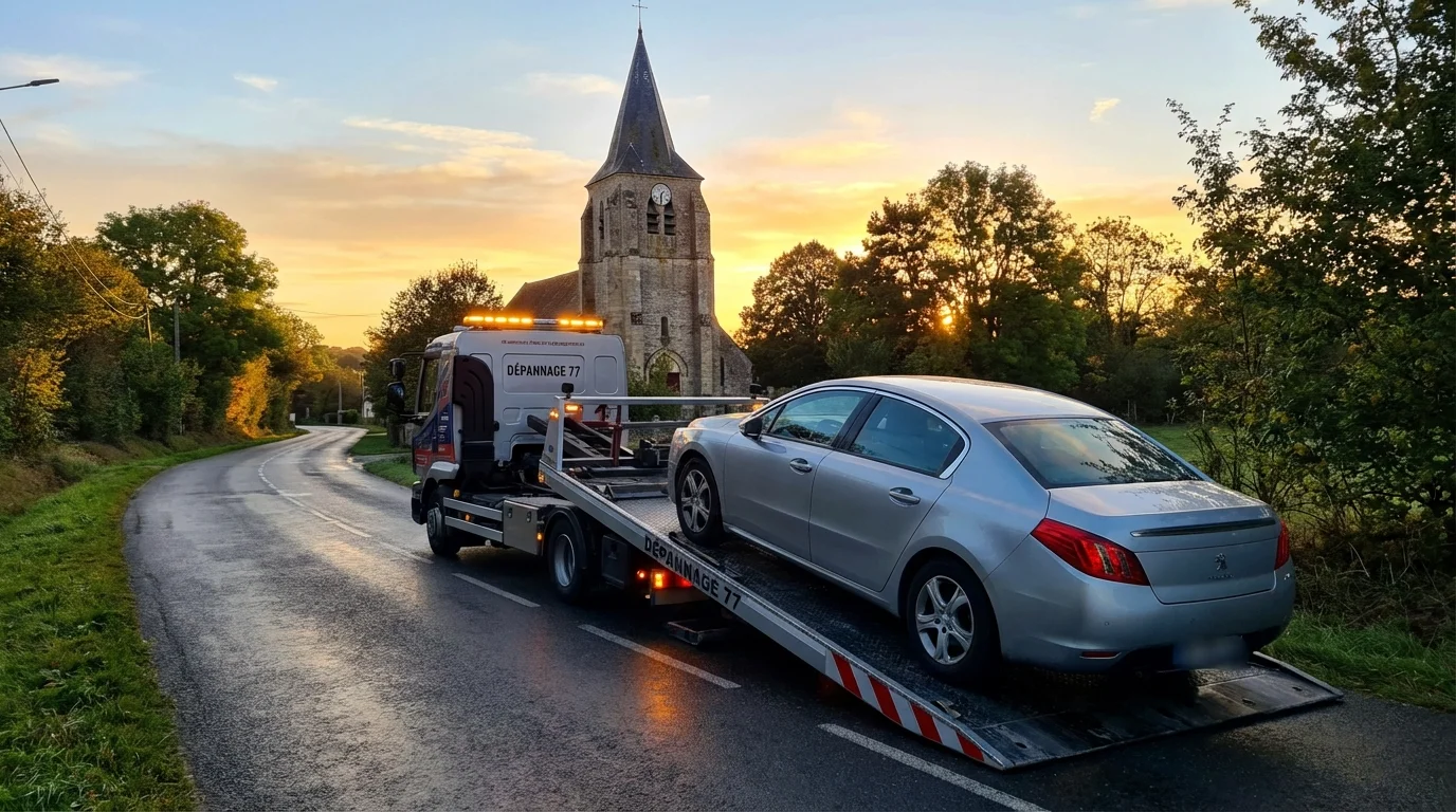 Dépanneuse Fast Depann intervenant pour un remorquage voiture à Penchard devant l'église