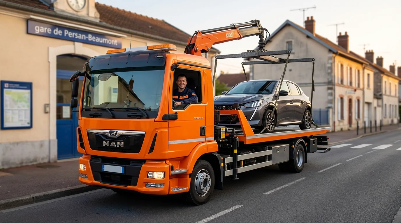 Dépanneuse Fast Depann intervenant pour un véhicule en panne dans le centre-ville de Persan 95340