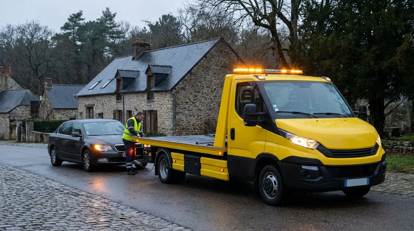 Dépanneuse Fast Depann en intervention à Perthes devant des maisons en pierre