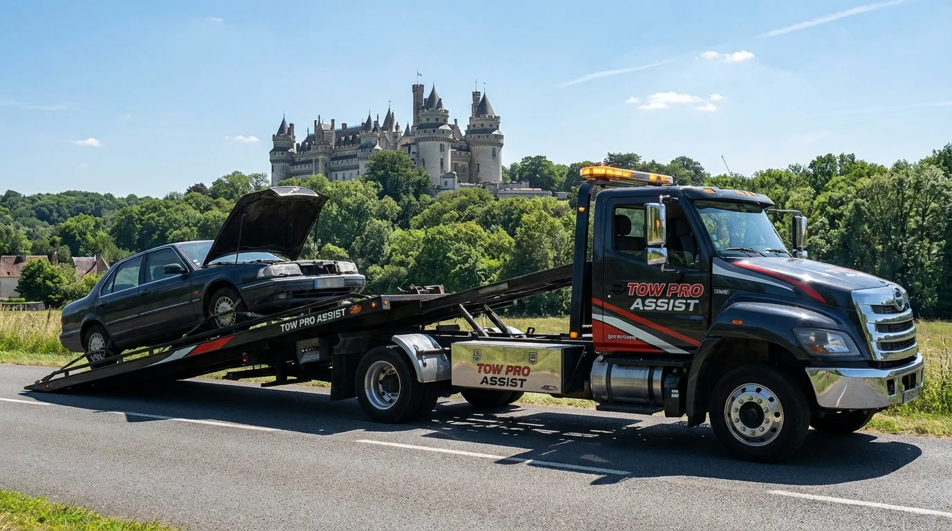 Dépanneuse Fast Depann intervenant devant le Château de Pierrefonds
