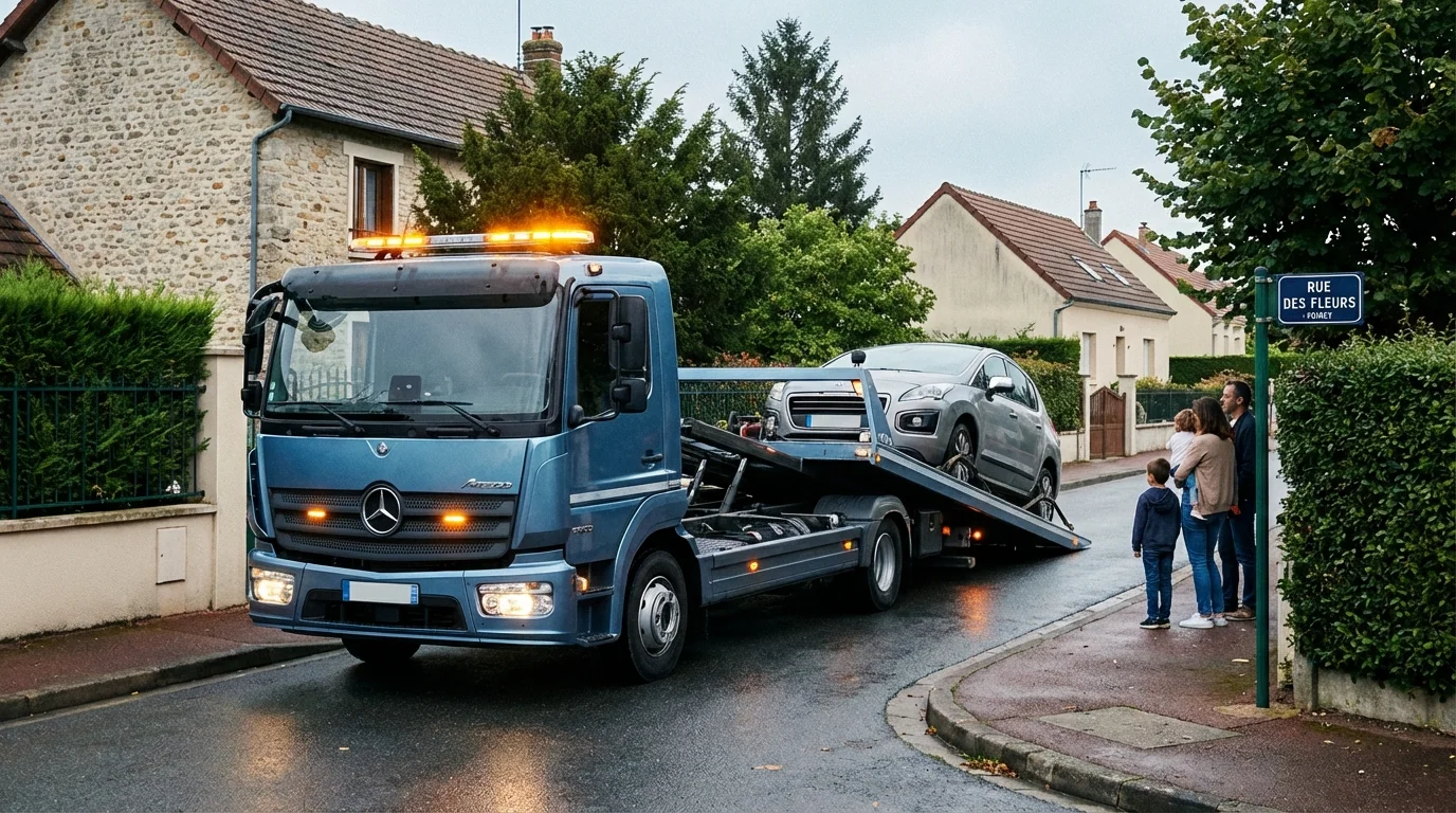 Dépanneuse Fast Depann en intervention pour un remorquage automobile dans une rue de Poincy 77470