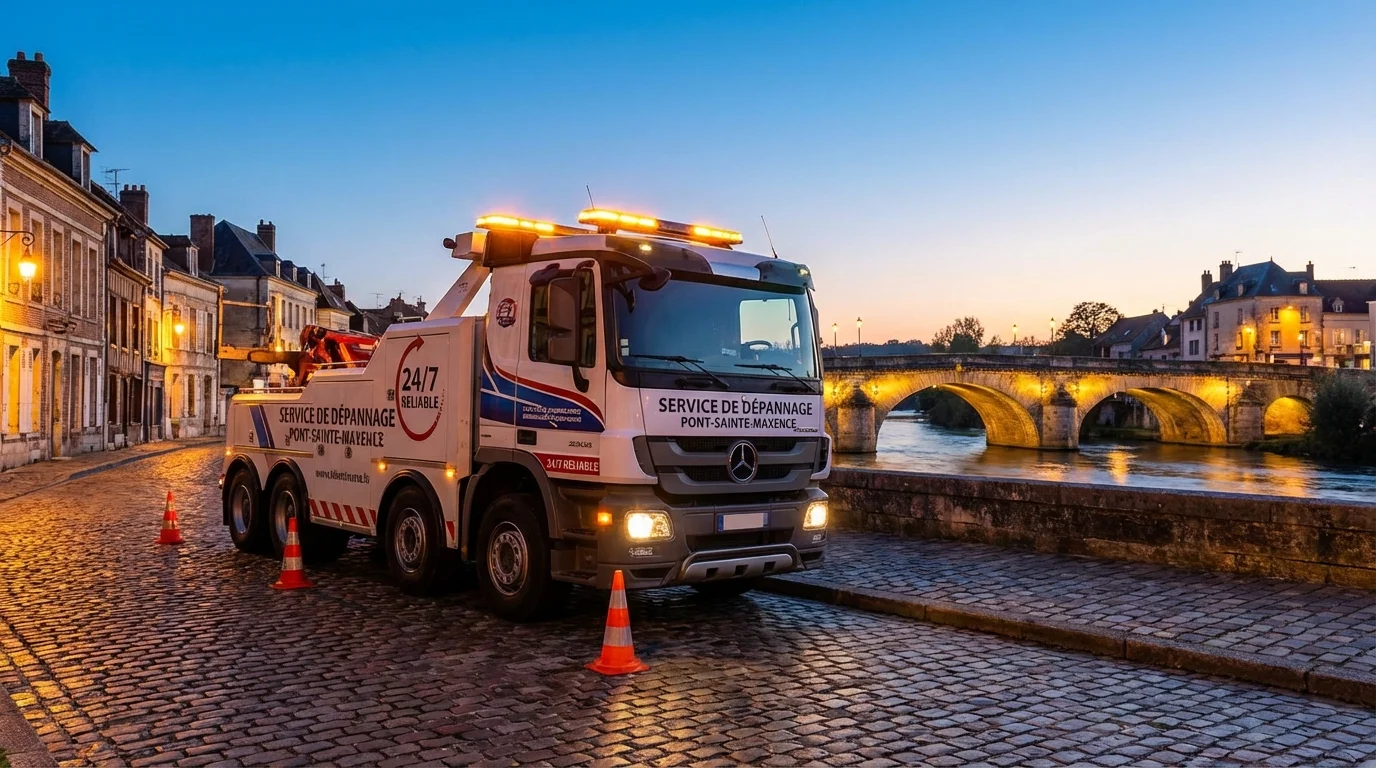 Dépanneuse Fast Depann en intervention à Pont-Sainte-Maxence avec le pont sur l'Oise en arrière-plan