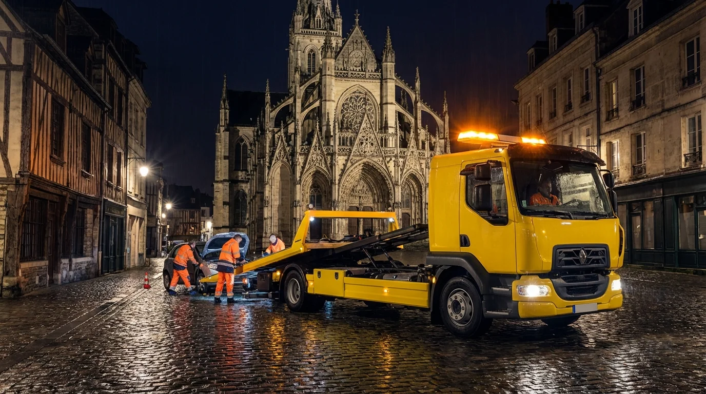 Dépanneuse Fast Depann en intervention nocturne devant la cathédrale de Pontoise