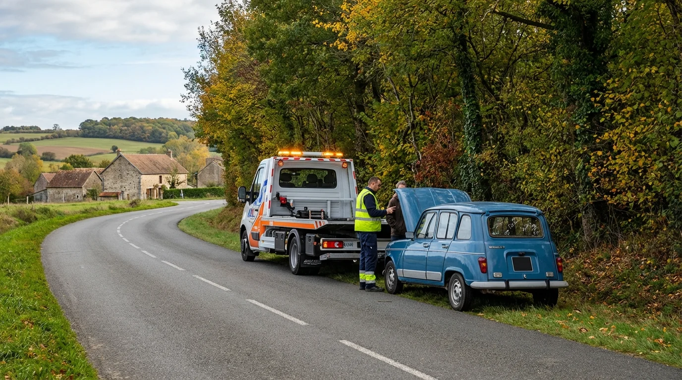 Dépanneuse Fast Depann en intervention sur une route de Presles près de la forêt de Carnelle remorquant une voiture en panne