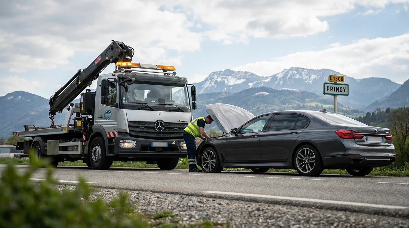 Dépanneuse Fast Depann en intervention sur une route à Pringy
