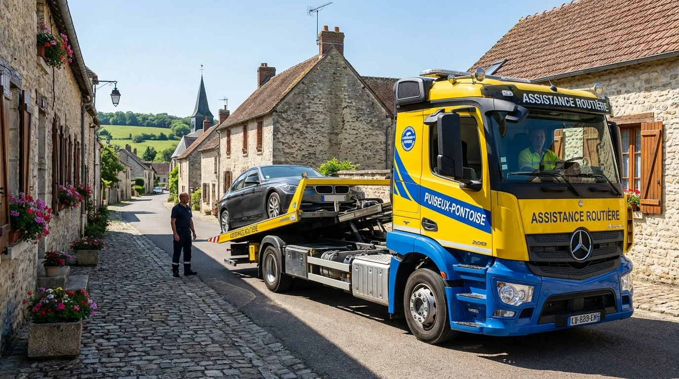 Dépanneuse Fast Depann intervenant sur une voiture en panne dans le village de Puiseux-Pontoise