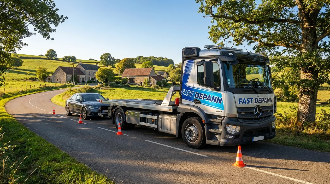 Dépanneuse Fast Depann en intervention sur une route à Puisieux