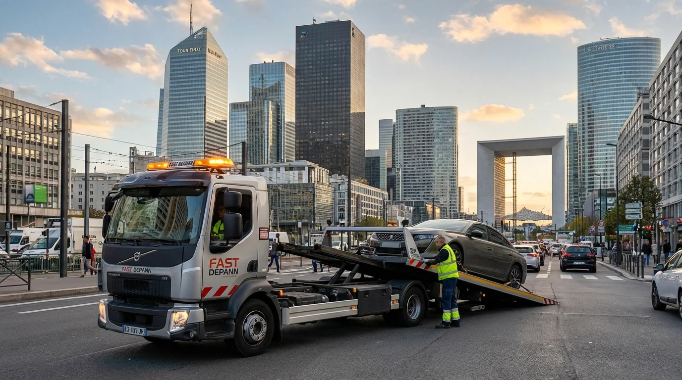 Dépanneuse Fast Depann en intervention à Puteaux avec les tours de La Défense en arrière-plan.