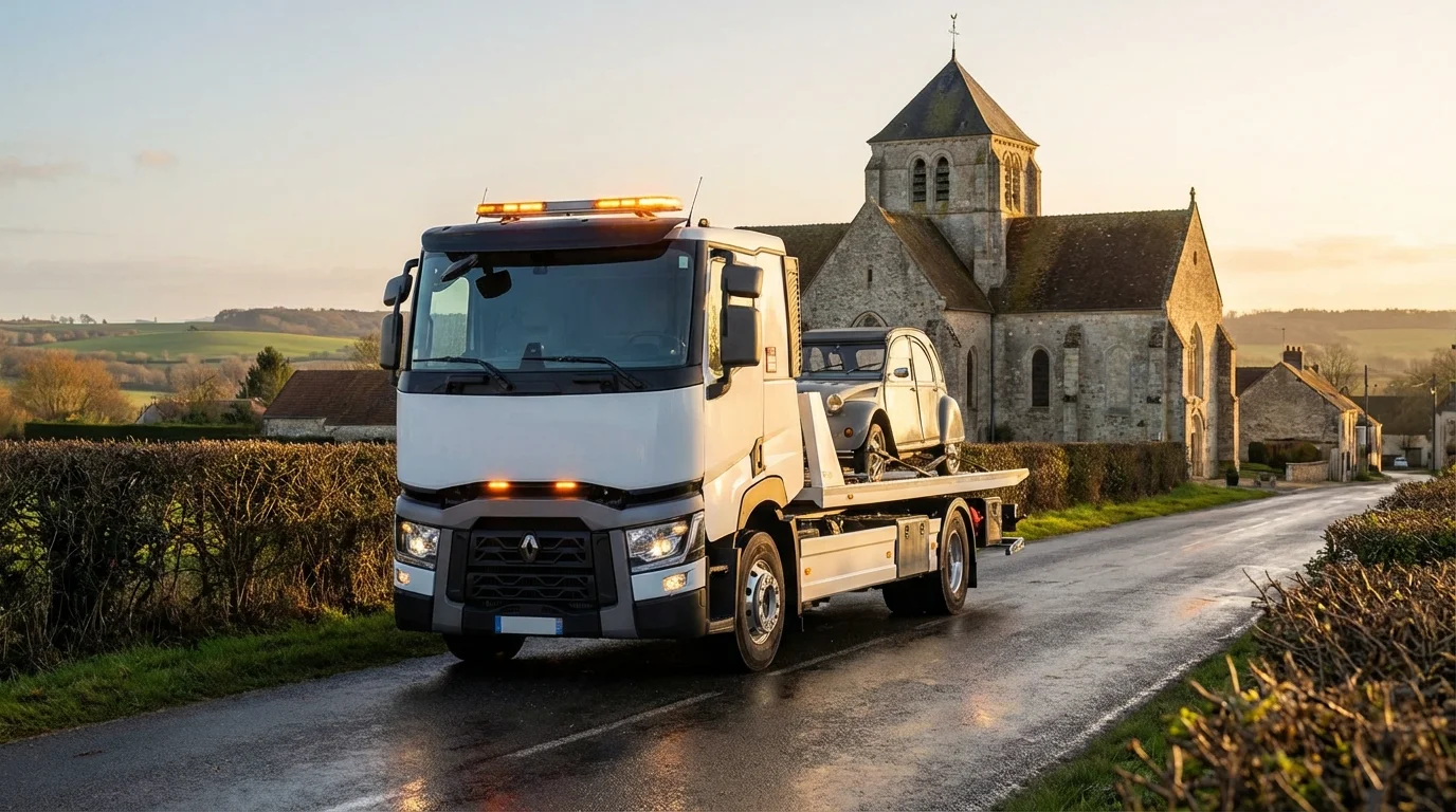 Dépanneuse Fast Depann en intervention à Rebais devant un paysage briard
