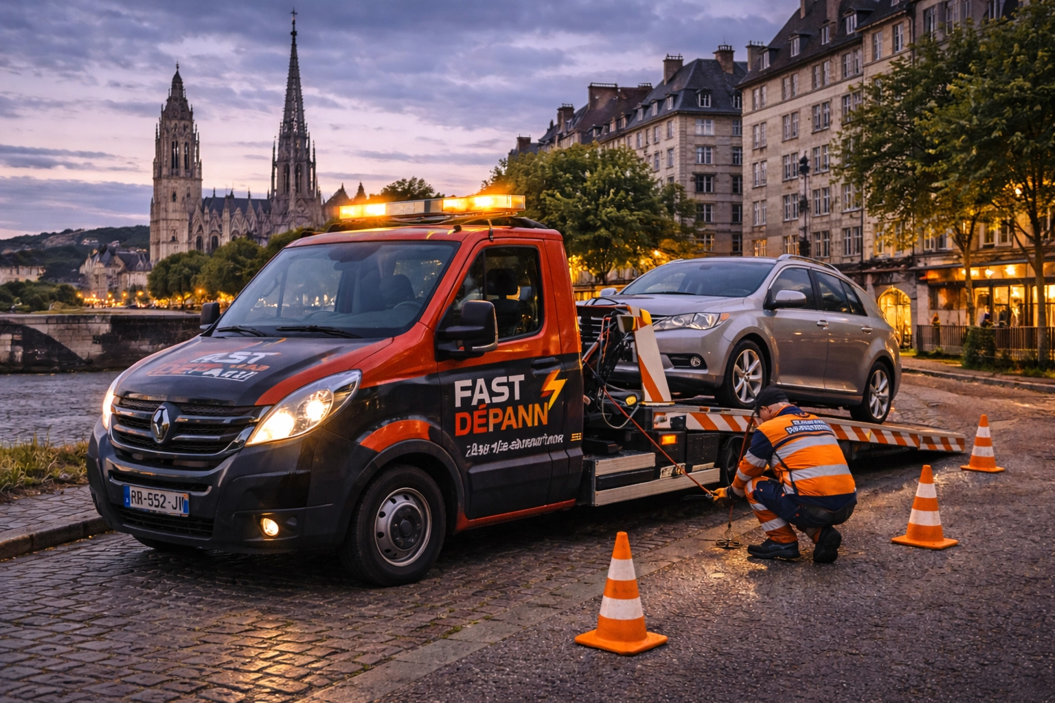 Dépanneuse Fast Depann intervenant pour un remorquage automobile dans les rues de Rouen
