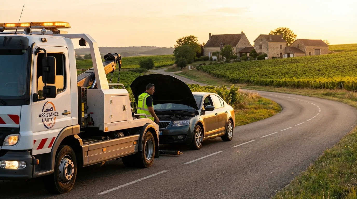 Dépanneuse Fast Depann assistant un véhicule en panne à Rouilly