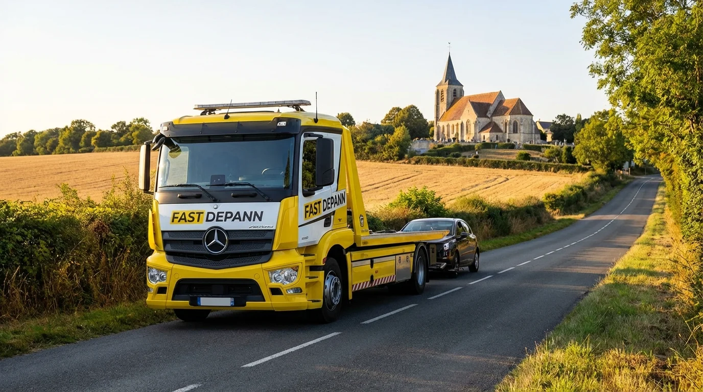Dépanneuse Fast Depann en intervention sur une route à Rouvres-en-Multien 60620