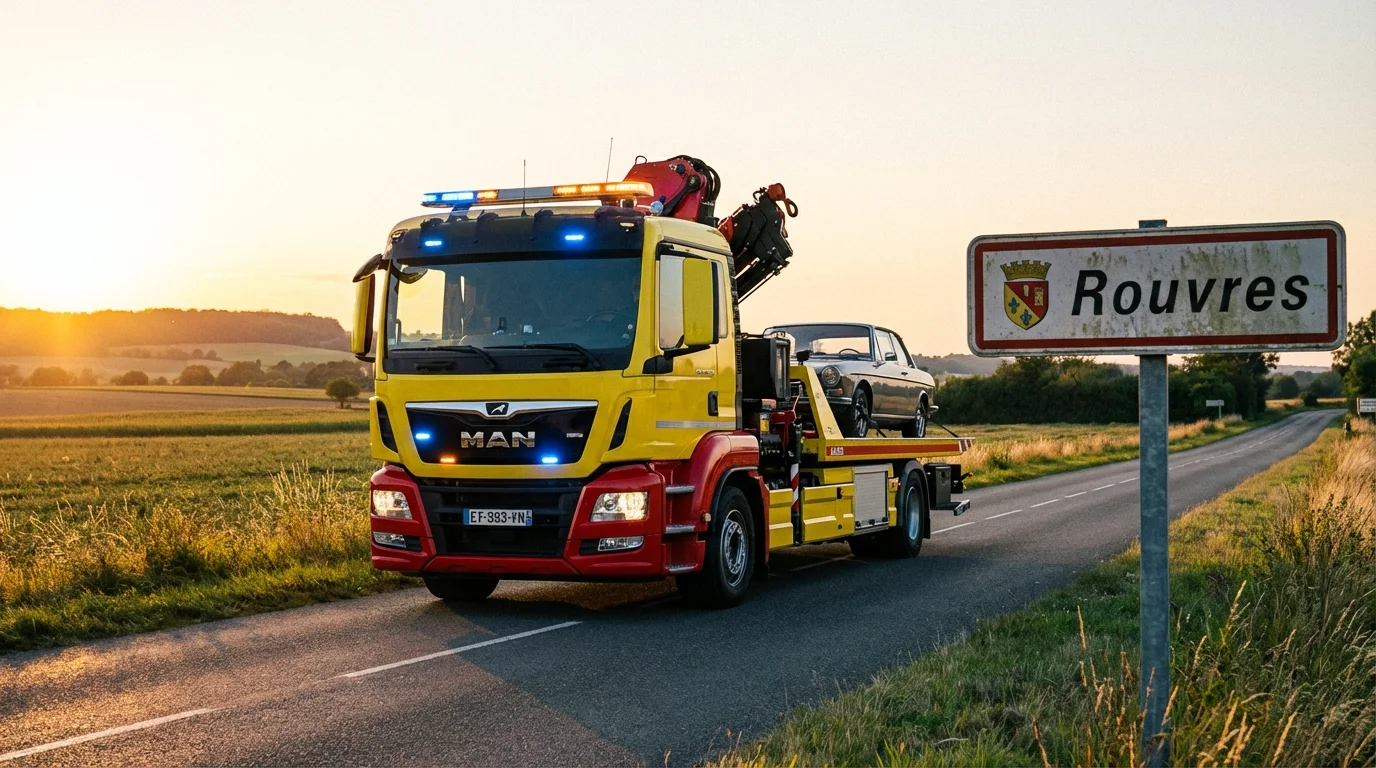 Dépanneuse Fast Depann en intervention devant le panneau de la ville de Rouvres