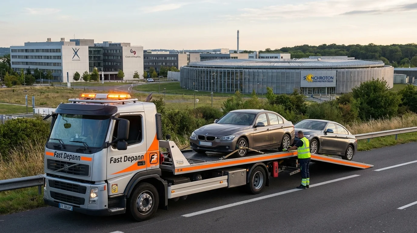 Camion de dépannage Fast Depann en intervention de remorquage à Saclay sur le plateau de Saclay.