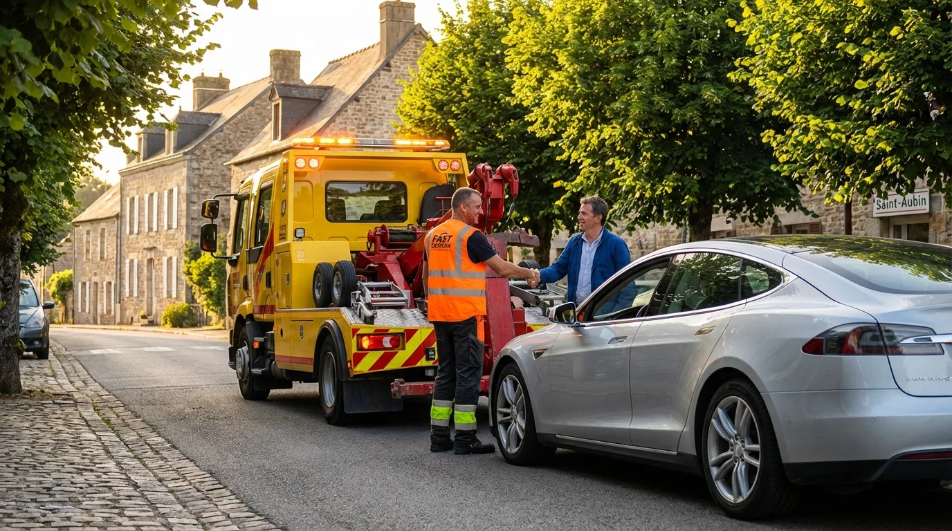 Dépanneuse Fast Depann en intervention à Saint-Aubin pour un remorquage automobile