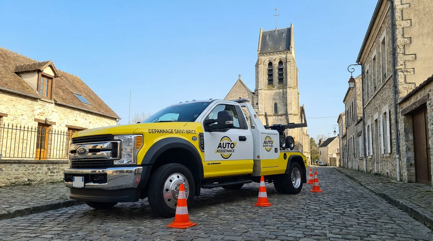 Dépanneuse Fast Depann en intervention dans le centre historique de Saint-Brice-sous-Forêt près de l'église.